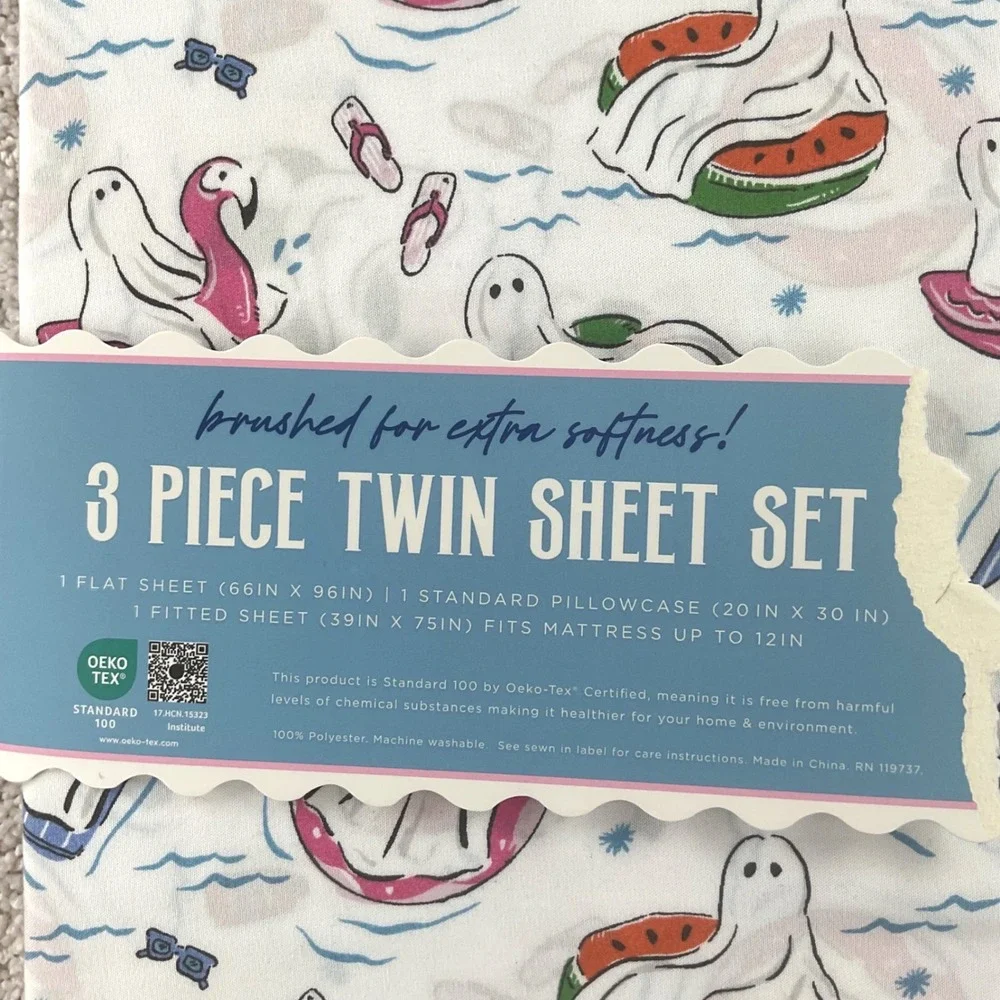 Envogue Ghost Pool Party 3 Piece Twin Sheet Set Summerween Spooky Softness NEW